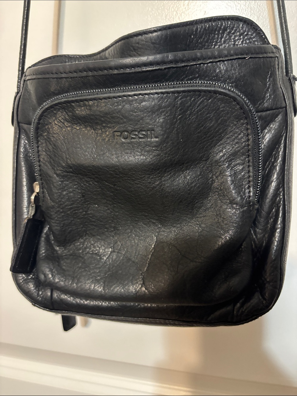 Vintage Fossil Black Pebbled Leather Crossbody Bag Organizer Traveler Purse Y2K